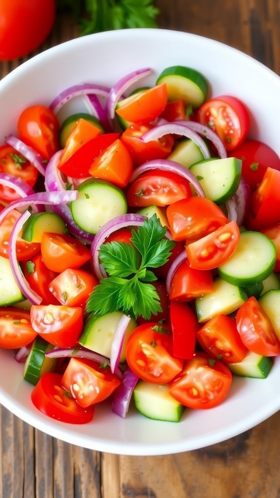 A colorful tomato cucumber salad with diced tomatoes, sliced cucumbers, red onions, and parsley in a bowl.